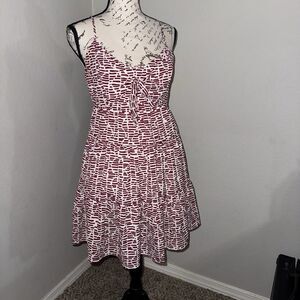 Blue Rain White Burgundy Geometric Sundress Sleeveless V-Neck Tie Front Zip M